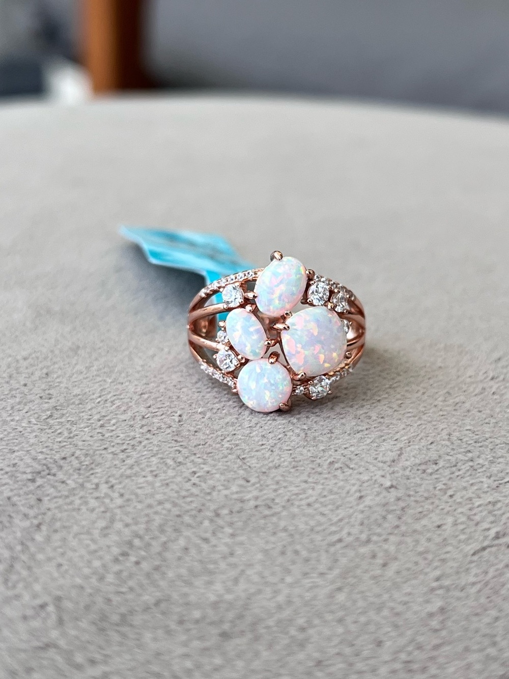 Rose Gold Over Sterling Silver Large Lab White Opal Cluster CZ Ring Size 7